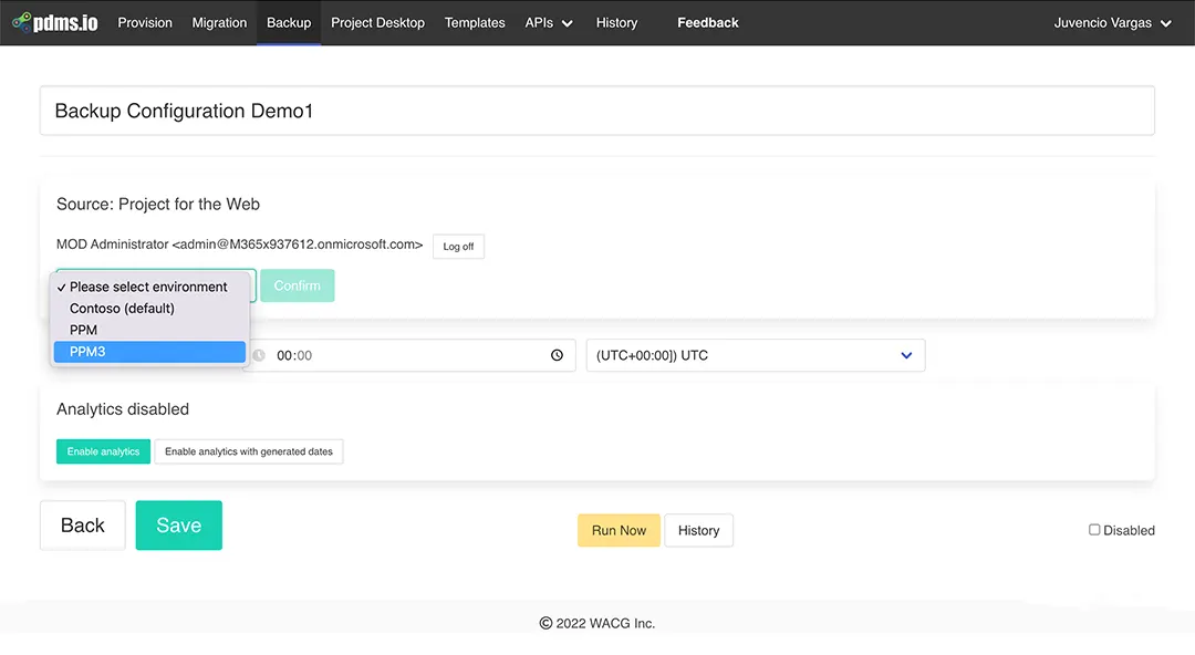 Selecting M36 environment to backup