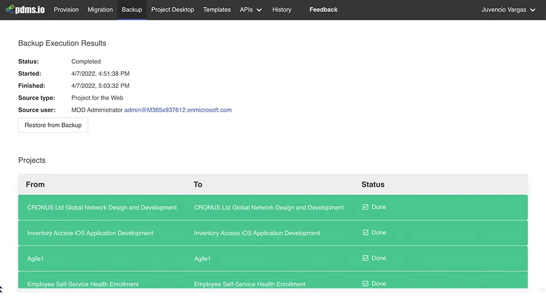 Project for the web restore from backup